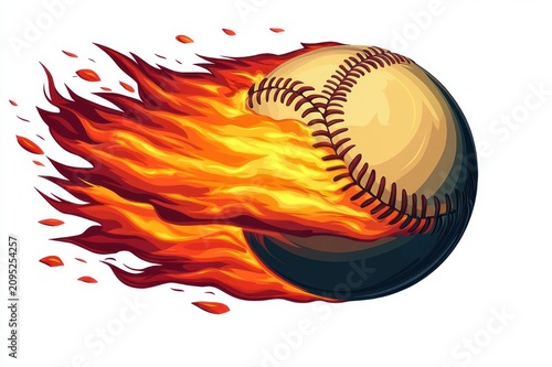 Baseball engulfed in roaring flames streaking through the air with intense speed and power