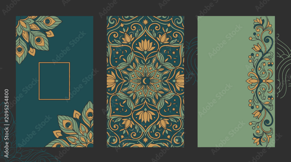 Fototapeta premium Ensemble de trois cartes de vœux élégantes avec des motifs ornementaux de mandala, des détails de plumes de paon et des bordures florales dorées sur des fonds vert sarcelle et sauge.