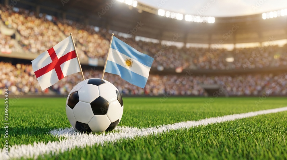 Fototapeta premium Soccer Ball on Green Grass Field with Small Flags of England and Argentina in Stadium Arena Background
