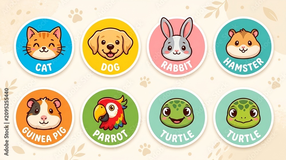 Fototapeta premium Cute cartoon animal icons for childrens apps and educational materials. Colorful digital illustrations of pets and zoo animals for kids' projects.