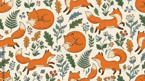 Beautiful creative seamless graphic design pattern featuring cute orange foxes