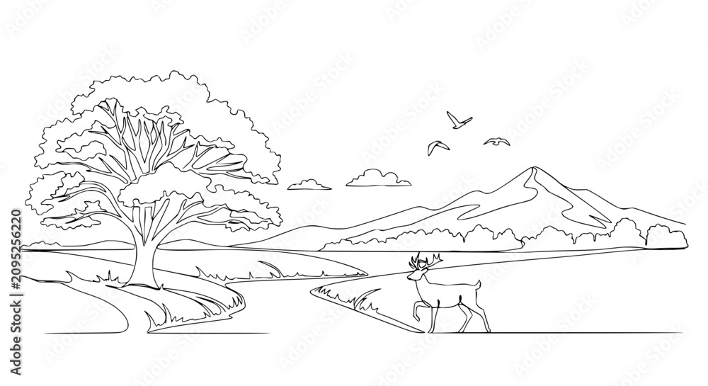 Fototapeta premium Serene Landscape Drawing: Majestic Tree, River, Deer, Mountains, and Birds