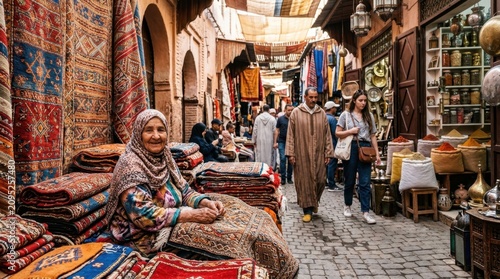 Moroccan market scene with woman selling carpets and shoppers in narrow alleyway.