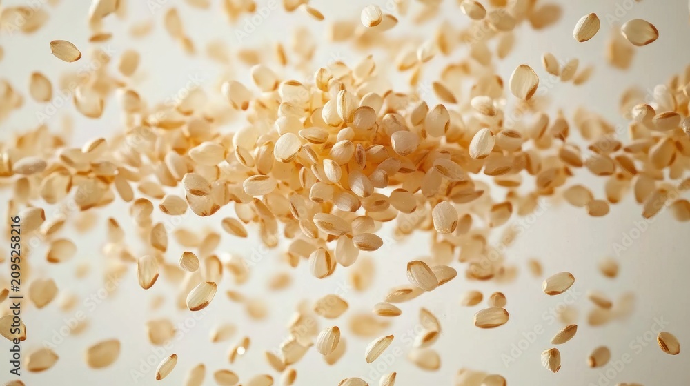 Obraz premium light beige seeds suspended and scattering in midair over a pale background, conveying dynamic airy motion