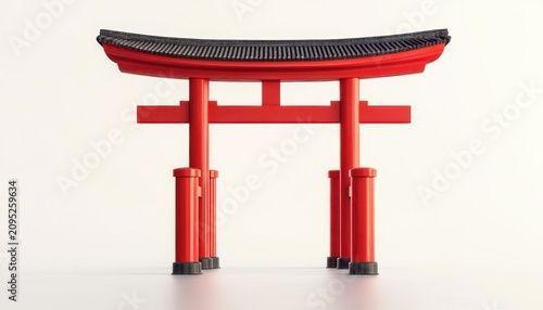 Minimal red torii shrine gate with curved black roof standing alone on a pale background, evoking calm and serene spiritual stillness