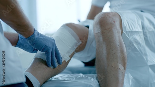 Nurse in medical gloves carefully applying a bandage to a patient's leg, providing professional wound care treatment.