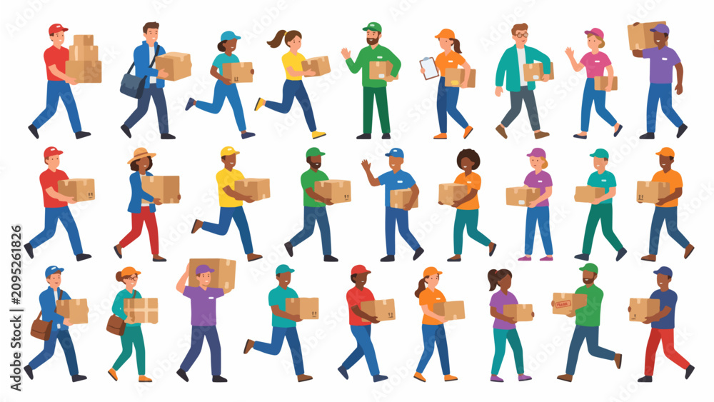 Fototapeta premium Diverse group of people carrying packages and delivering goods, representing logistics and courier services