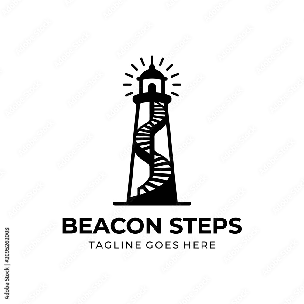 Naklejka premium Minimalist lighthouse logo with spiral stairs.