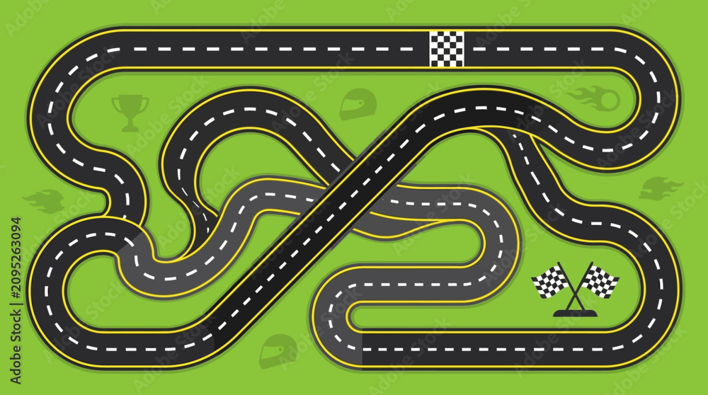 Fototapeta premium Top-Down Winding Race Track Vector Illustration with Checkered Flags