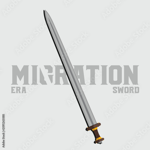 Tableau sur toile Colored Migration Era Sword Illustration with Brown Wooden Handle and Typography