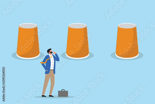 Three cup shuffle game concept with businessman choosing hidden option business decision uncertainty risk challenge illustration