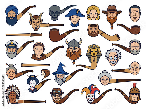 Photos Historical and Mythical Character Themed Smoking Pipes Vector Illustration Set