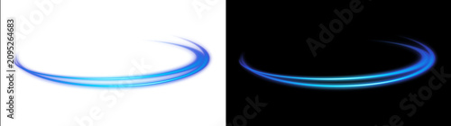 Glowing blue neon light spiral loop trail with bright streaks on transparent background, isolated cutout element