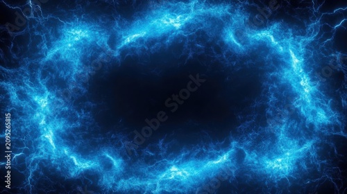 Glowing blue electric ring with lightning tendrils encircling a dark center, intense mysterious futuristic energy