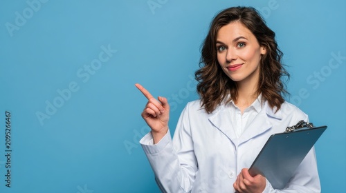 Female doctor woman wears white medical gown suit work in hospital clinic office hold clipboard health insurance document point finger aside isolated on plain blue background. Care medicine concept