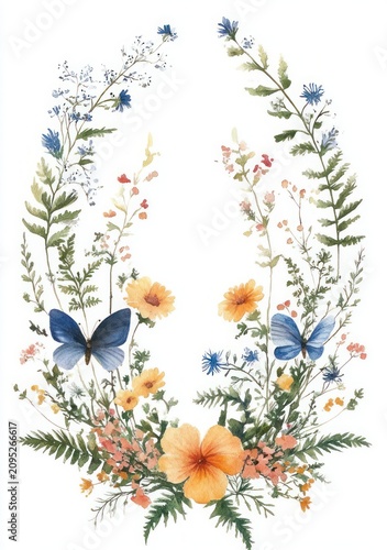 Delicate U-shaped watercolor floral wreath of orange center bloom, yellow daisies, blue wildflowers, ferns and two blue butterflies evoking whimsical springtime serenity