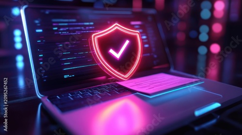 neon shield with checkmark hovering above a laptop keyboard and code, glowing holographic security icon conveying protection and reassurance