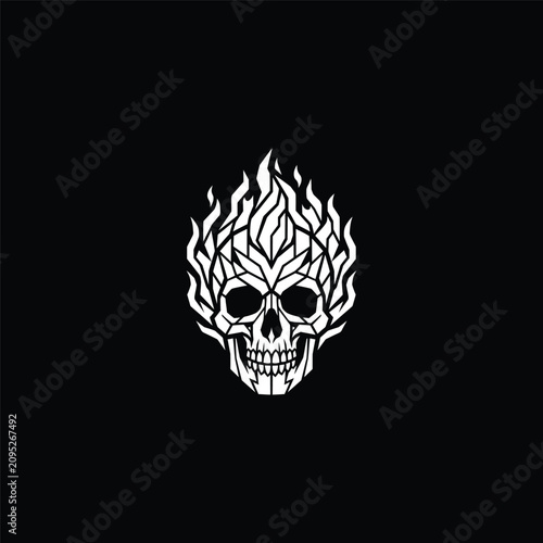 Geometric human skull engulfed in geometric flames.
