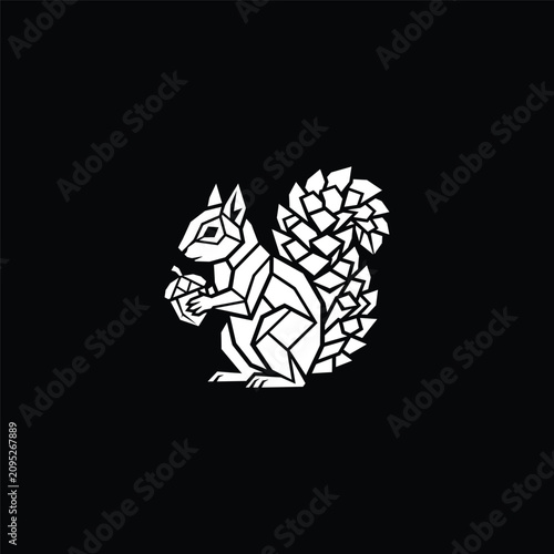 Geometric white squirrel silhouette holding an acorn nut.