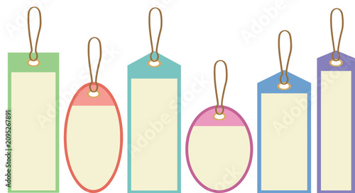 Minimalist Pastel Hanging Price Tag Vector Set with Blank Paper Labels and Strings for Retail Clothing Boutique Branding and Sale Designs