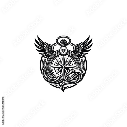 Ornate crest with wings compass rose and pocket watch.