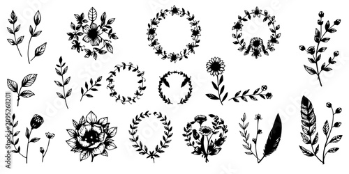 Botanical and floral illustrations set with intricate black and white line work and shading arranged in a grid pattern featuring leaves, flowers, wreaths, feathers with minimalist style and mood
