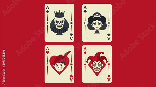 Photos Stylized Vintage Playing Card Aces Set featuring Skeleton King, Queen, Rogue, an