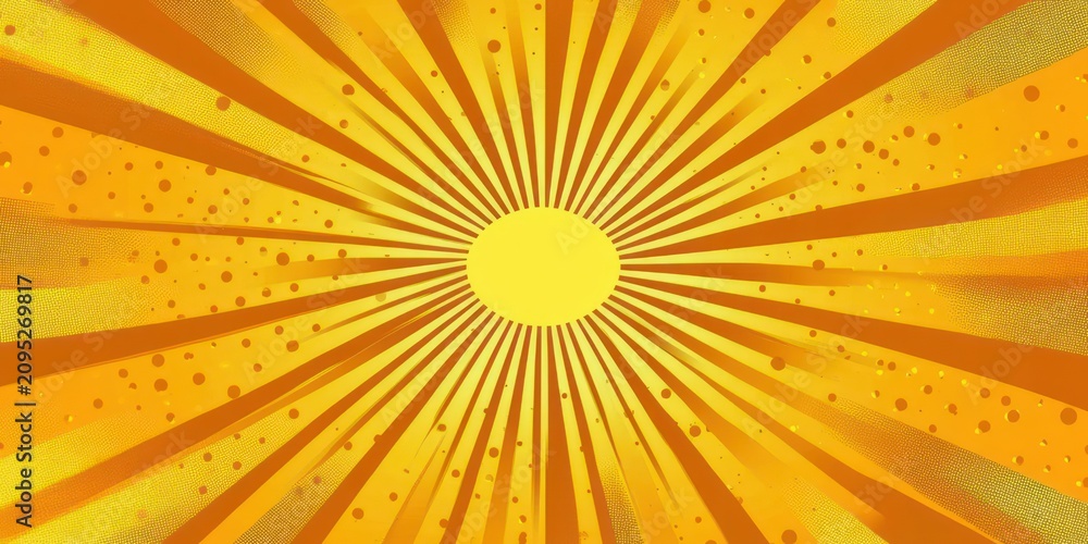 Fototapeta premium radiant golden sunburst with central glowing disc, radiating orange and yellow rays and textured halftone dots conveying energetic warmth and vibrant optimism