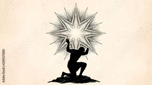 Silhouette of a kneeling man holding up a large shining star shaped geometric symbol