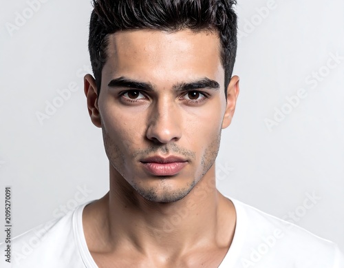 Young man's intense face, short styled dark hair, looking straight with a serious expression against a light background