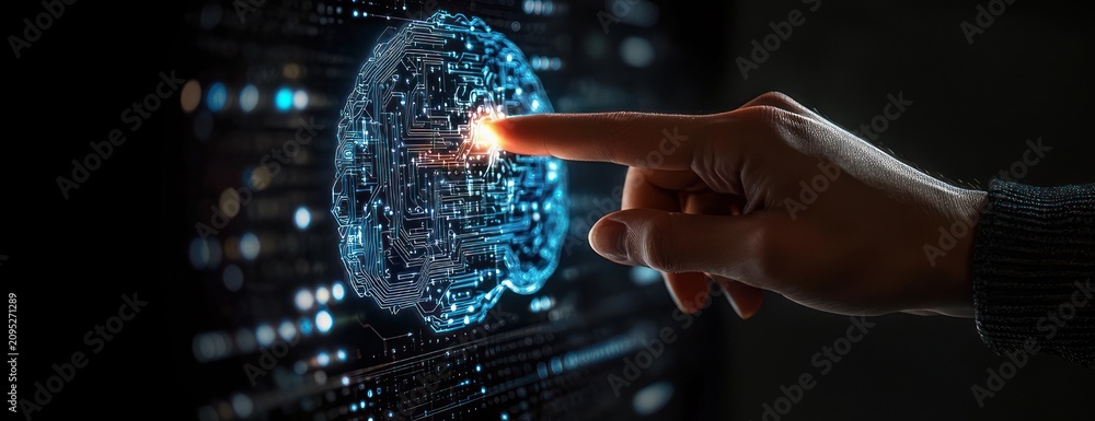 Fototapeta premium Human hand and finger touching illuminated digital brain hologram with glowing circuit core, surrounded by data points on a dark background, evoking curiosity and discovery