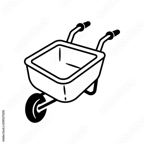 Isometric outline drawing of a classic single-wheel garden wheelbarrow with handles, used for hauling dirt and materials