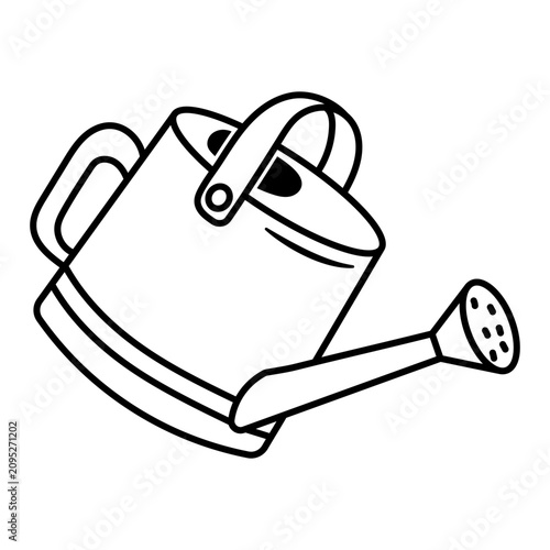Cute line art illustration of a classic gardening watering can with a long spout and rose sprinkler head