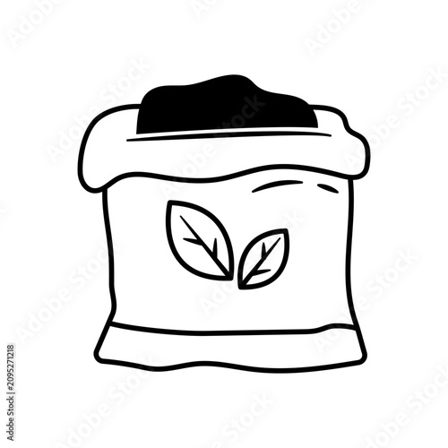 Line art illustration of an open sack filled with fertilizer or potting soil, featuring a prominent leaf design printed on the front