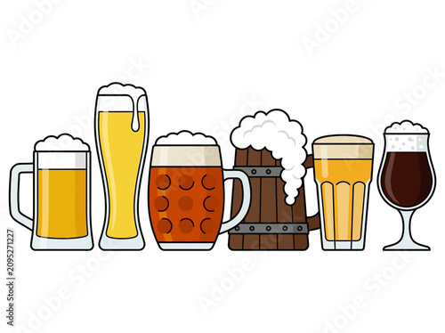 Konstfotografi Set of Craft Beer Glasses and Mugs Icons with Foam and Different Beer Types, Vector Illustration for Brewery Menu and Bar Design