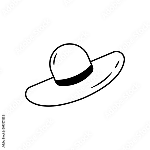 Simple minimalist line drawing of a wide-brimmed women's summer hat or garden straw hat with a dark band ribbon
