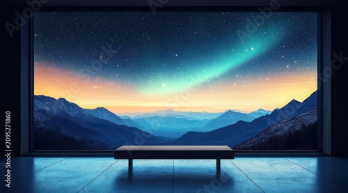Solitary bench in a minimalist room overlooking a panoramic window with layered mountain silhouettes, a glowing twilight horizon and a green aurora over a starry sky, serene and contemplative