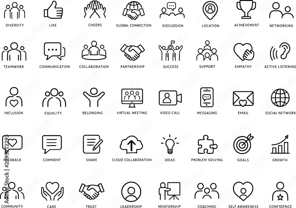 Fototapeta premium Black line icons of business and teamwork concepts on white background
