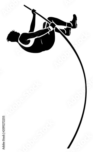 Foto Black silhouette of a pole vaulter mid‑air with bent pole, symbolizing athleticism, precision, and dynamic motion in bold vector art