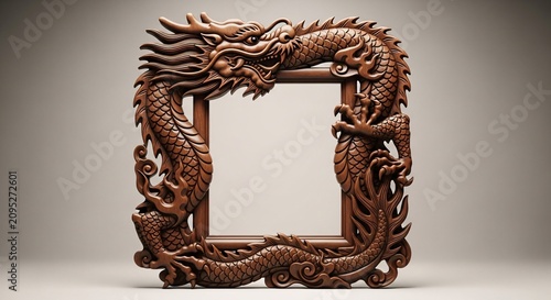 Intricately carved wooden dragon frame with traditional asian design