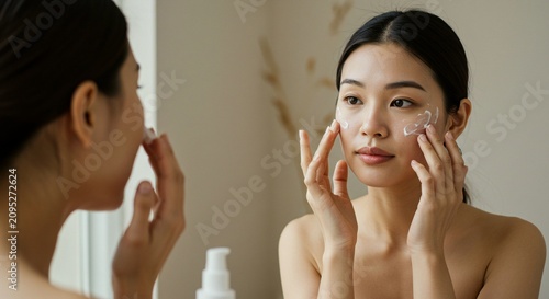 Young asian woman applying face cream in front of a mirror, skincare routine, healthy skin