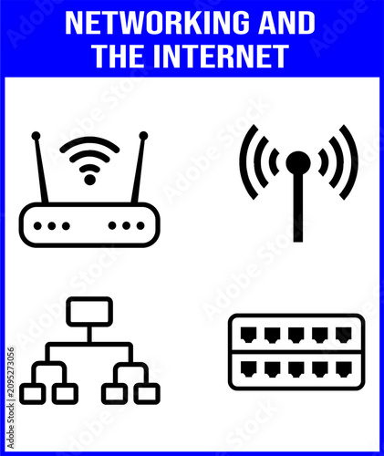 Digital connectivity symbols representing various network components including a wireless router antenna signal hierarchical network diagram and a network switch illustrating the concept of