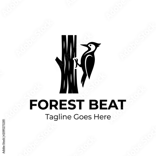 Stylized woodpecker bird logo perched on a tree trunk.