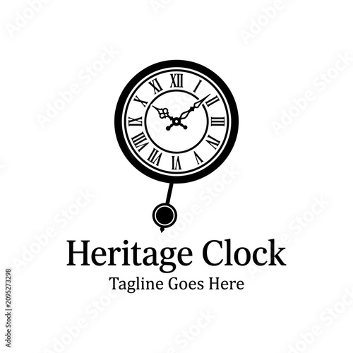 Vintage pendulum clock logo with roman numerals.