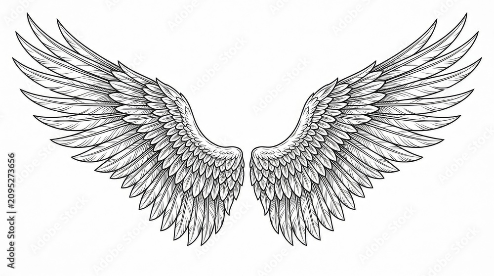 Obraz premium Vintage Hand Drawn Feathered Wings Illustration with Intricate Details, Symbolizing Freedom, Flight, and Angelic Grace