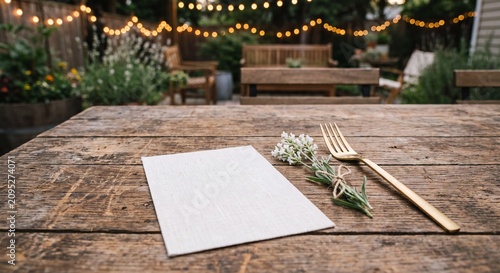 Blank linen card mockup with gold fork and lavender on rustic wooden table in outdoor garden patio