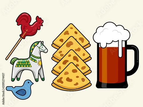 Russian Traditional Food and Folk Toys Set: Rooster Lollipop, Pancakes, Dymkovo Horse, and Mug of Beer. Flat Vector Illustration for Maslenitsa Festival.