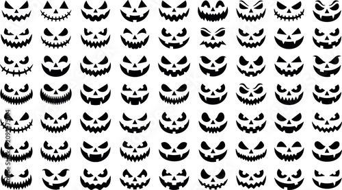 Konstfotografi Spooky pumpkin carving faces vector elements collection with black silhouettes i