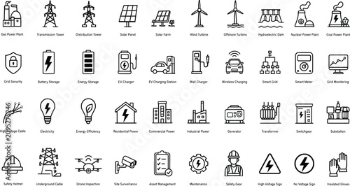 Electricity generation transmission and distribution infrastructure icons set