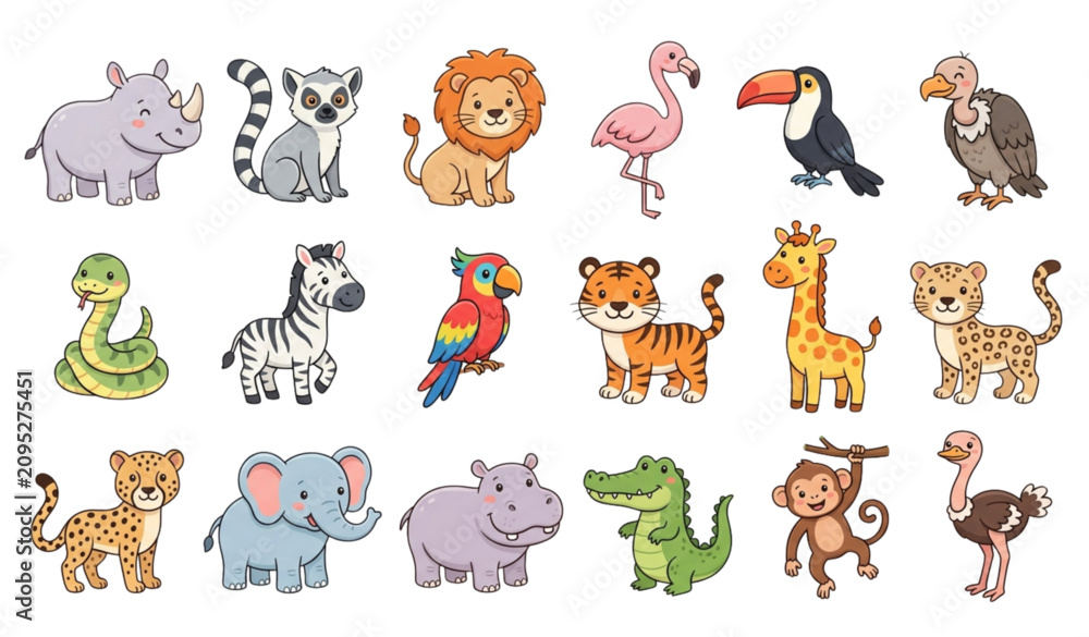 Obraz premium Cute Savannah Animals Cartoon Vector Collection for Kids